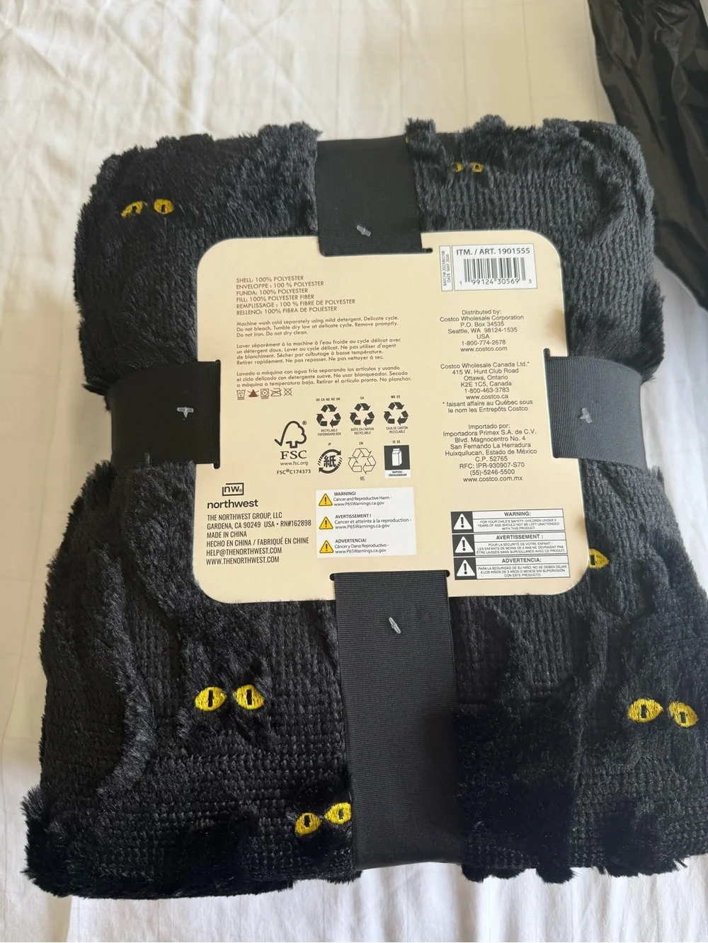 Embroidered Black Faux Fur Throw with Yellow Cat Eyes